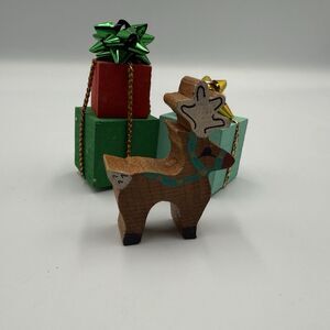 Vintage Wooden Miniature Christmas Presents And Reindeer Decorations Ornaments